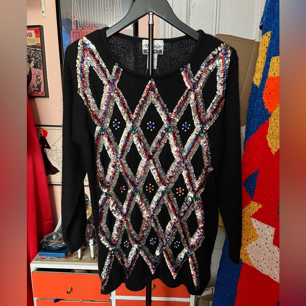 Deadstock 80s Marnie West Harlequin Beaded and sequin sweater - silk/ angora - M